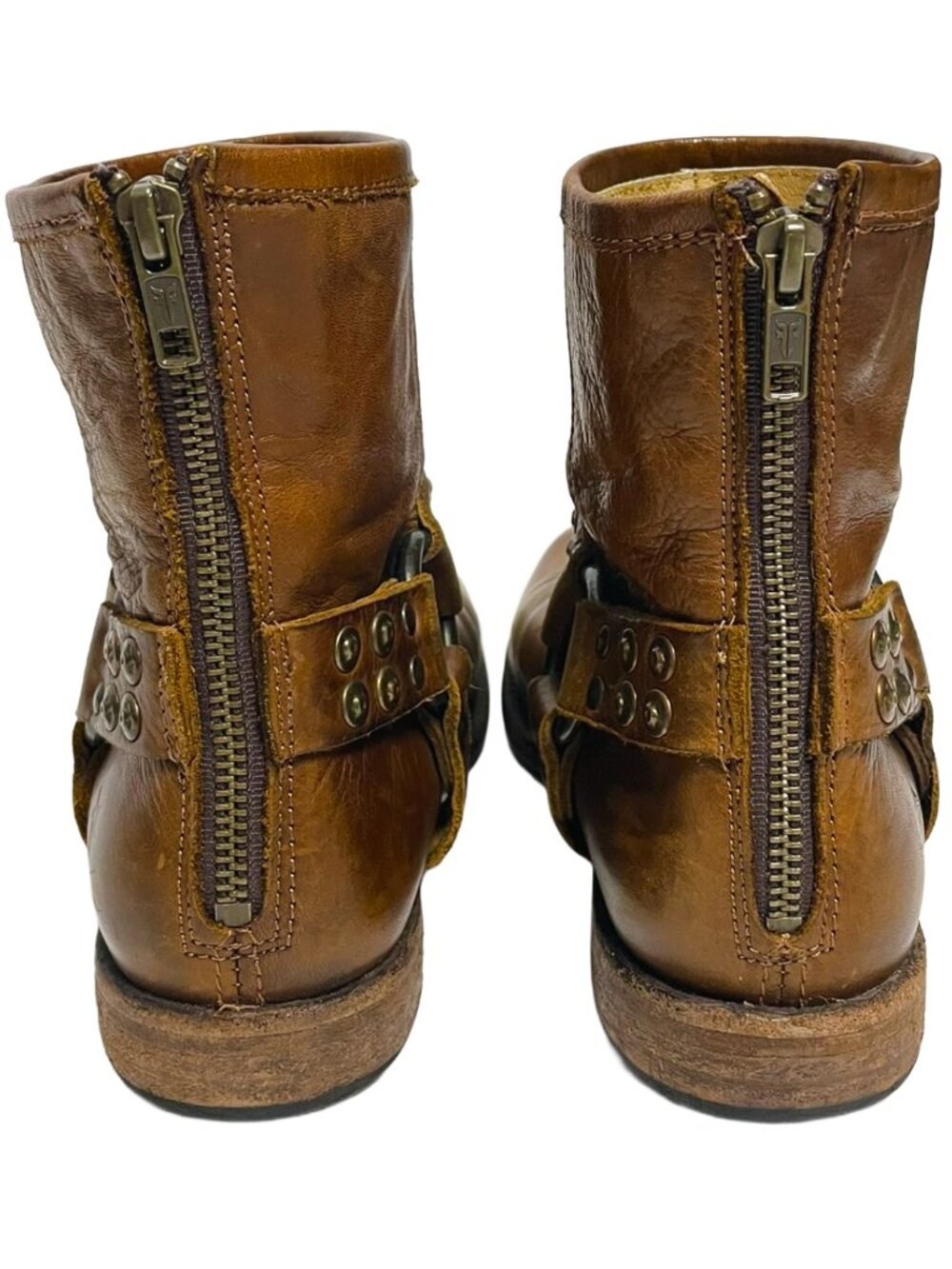 Frye Phillip Studded Harness Short Brown Leather Boots 8.5 - Picture 4 of 10